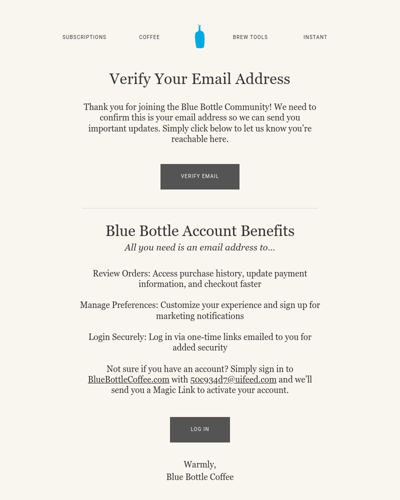 Screenshot of email sent to a Blue Bottle Coffee Newsletter subscriber