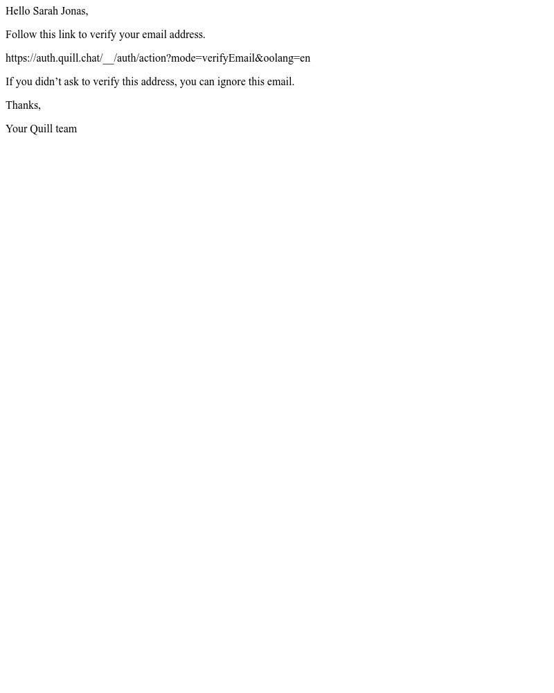 Screenshot of email sent to a Quill Registered user