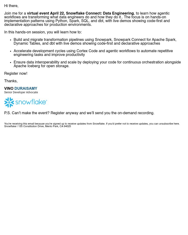 Screenshot of email sent to a Snowflake Newsletter subscriber