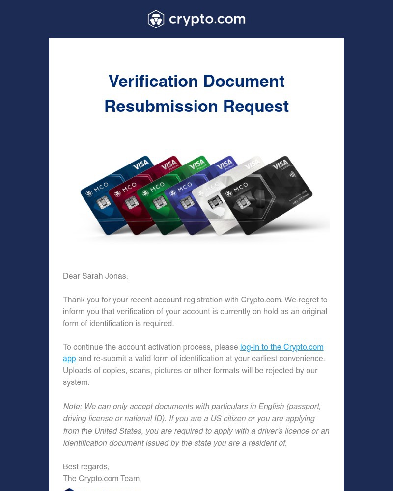 Screenshot of email sent to a Crypto.com Registered user