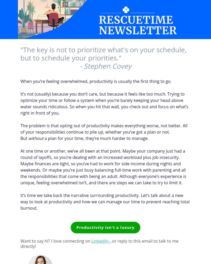 Screenshot of email sent to a RescueTime Newsletter subscriber