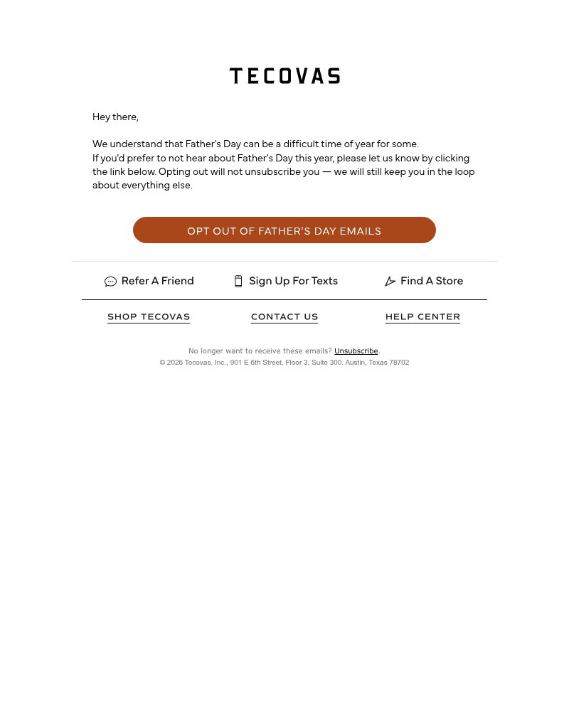 Screenshot of email sent to a Tecovas Newsletter subscriber