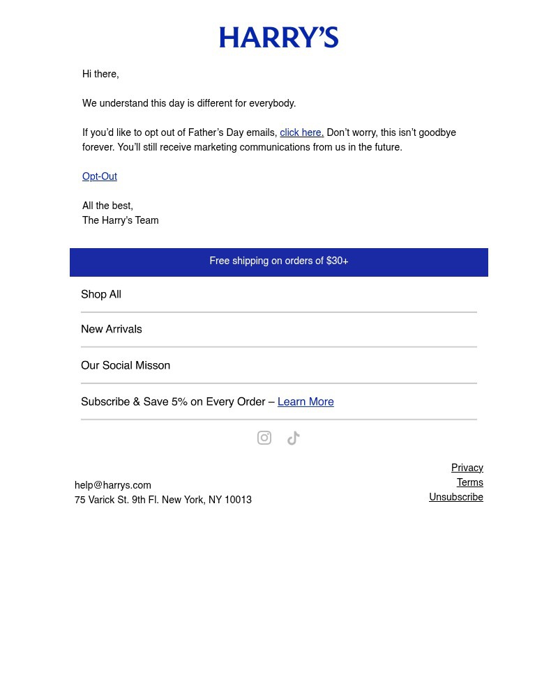 Screenshot of email sent to a Harry's Cart abandoner