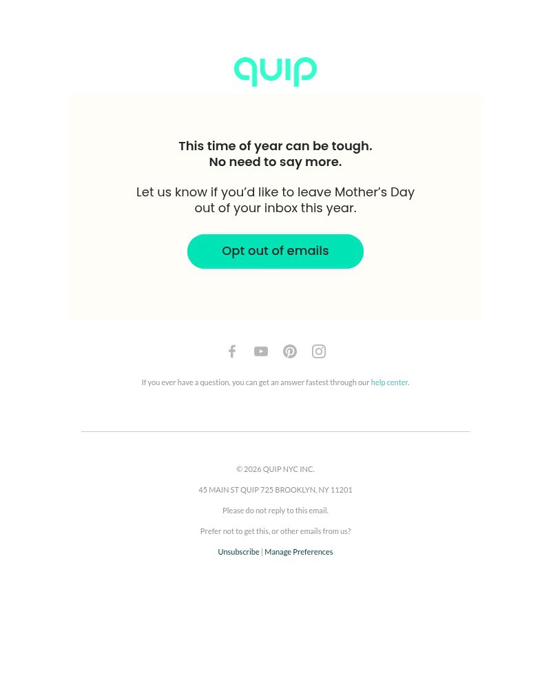 Screenshot of email sent to a Quip Newsletter subscriber