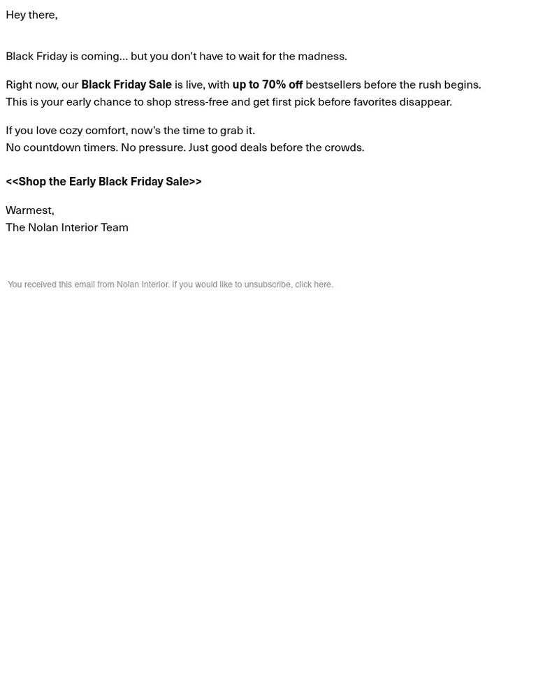 Screenshot of email sent to a Nolan Interior Newsletter subscriber