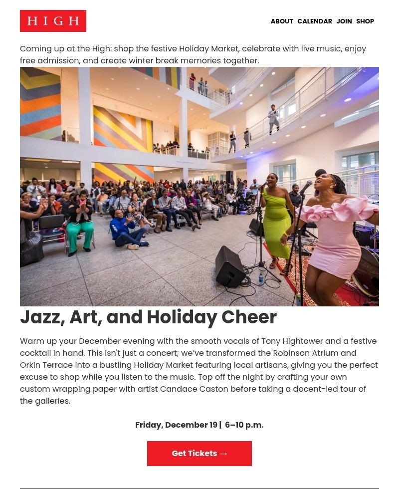 Screenshot of email sent to a High Museum of Art Newsletter subscriber