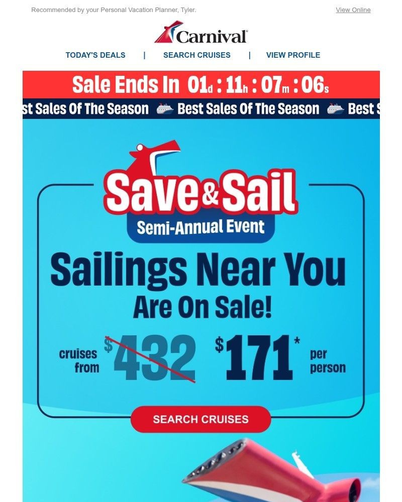 Screenshot of email sent to a Carnival Cruise Line Registered user