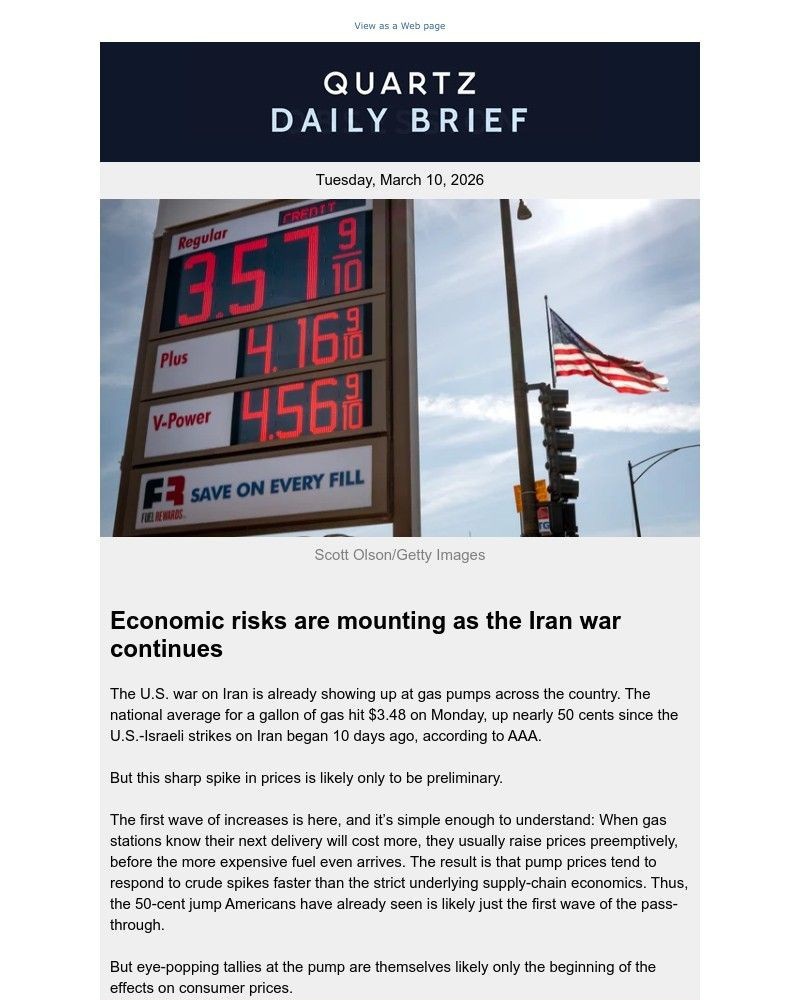 Screenshot of email sent to a Quartz Newsletter subscriber