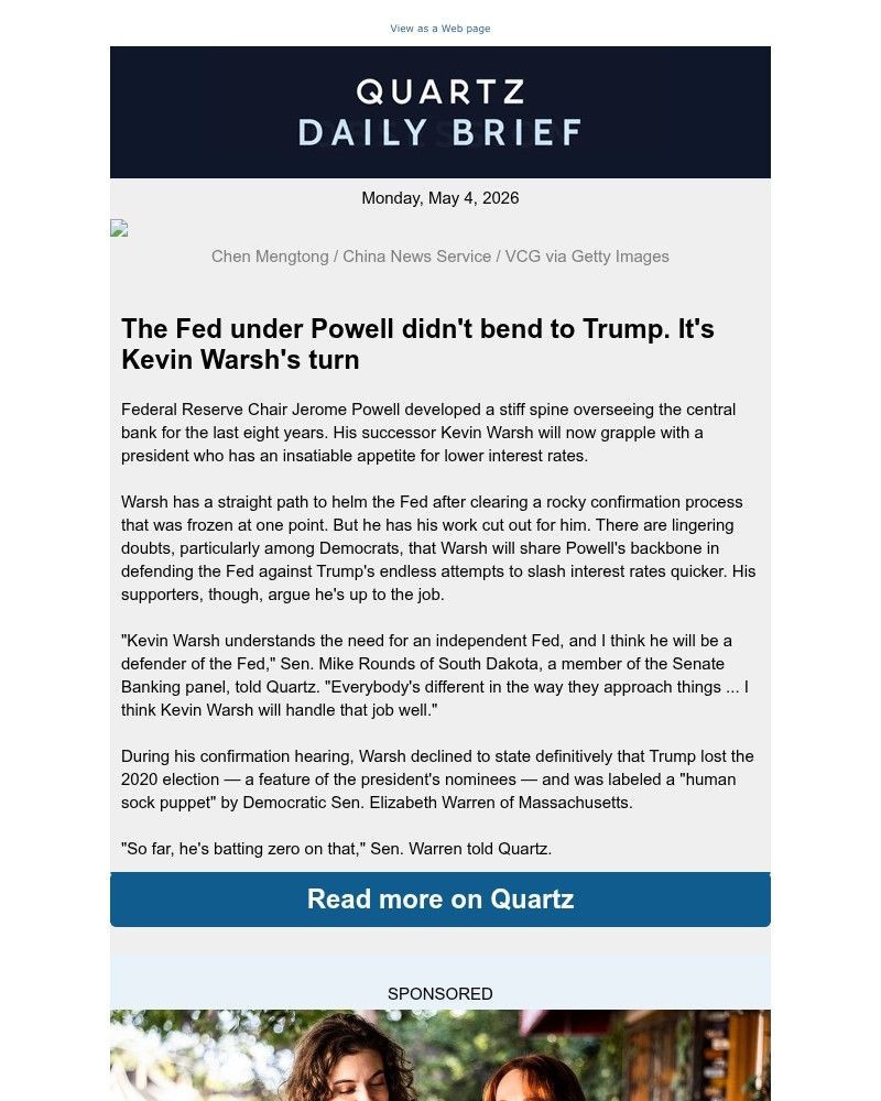Screenshot of email sent to a Quartz Newsletter subscriber