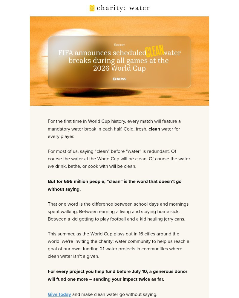 Screenshot of email sent to a Charity Water Newsletter subscriber