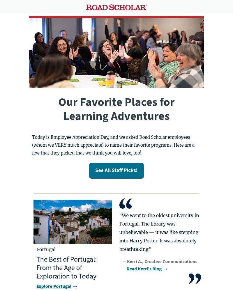 Screenshot of email sent to a Road Scholar Newsletter subscriber