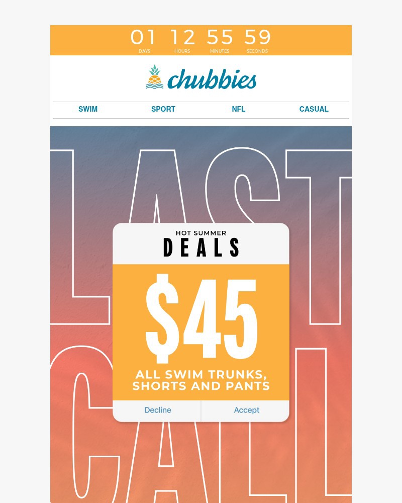 Screenshot of email sent to a Chubbies Newsletter subscriber