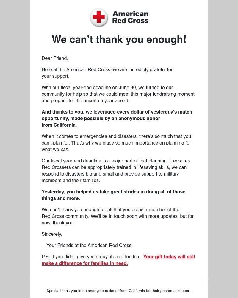 Screenshot of email sent to a American Red Cross Newsletter subscriber