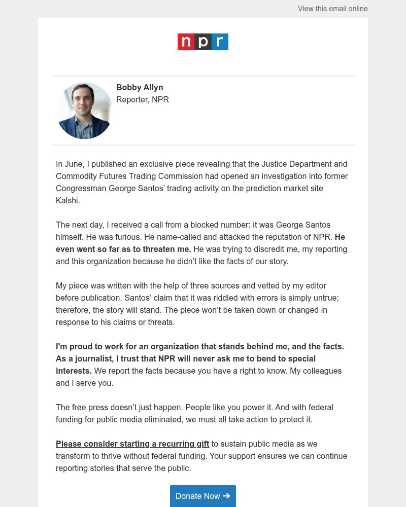 Screenshot of email sent to a NPR Newsletter subscriber