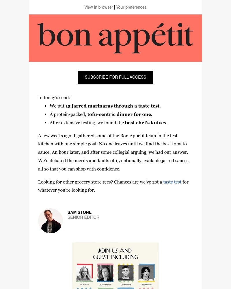 Screenshot of email sent to a Bon Appétit Newsletter subscriber