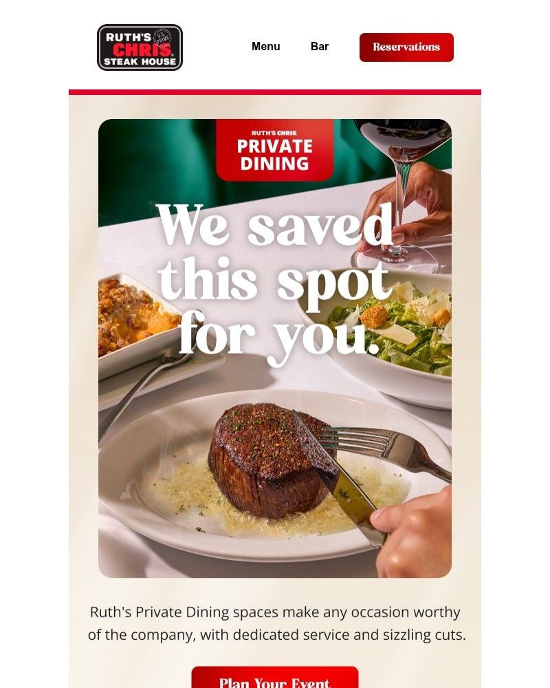 Screenshot of email sent to a Ruth’s Chris Newsletter subscriber