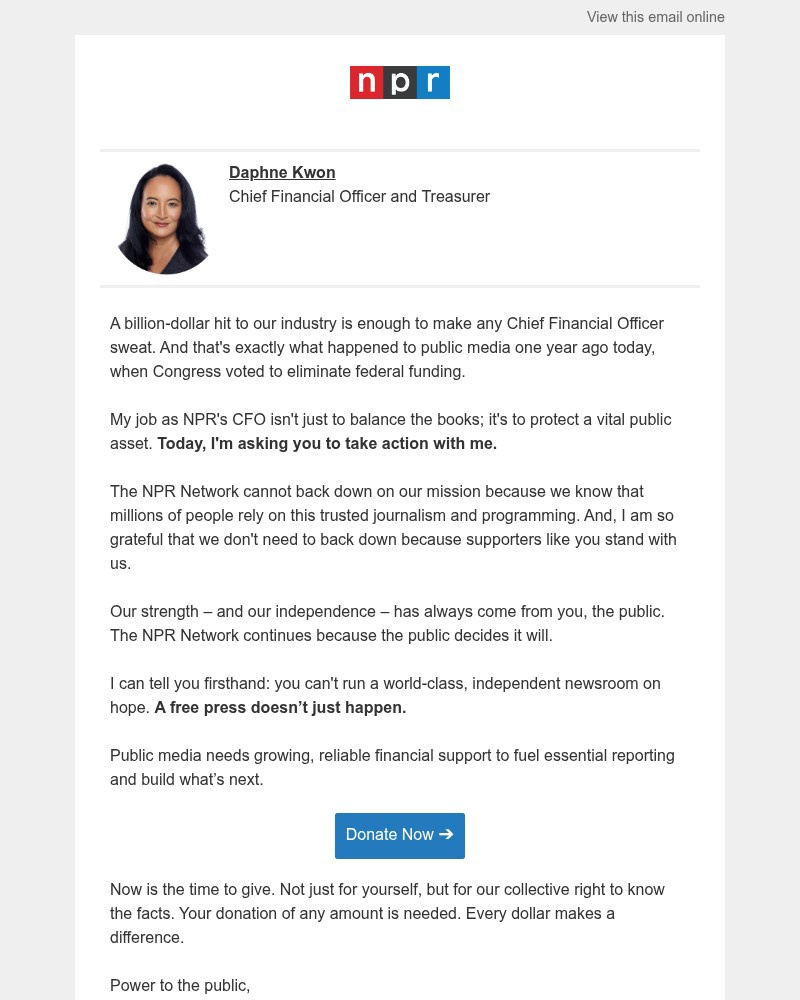 Screenshot of email sent to a NPR Newsletter subscriber