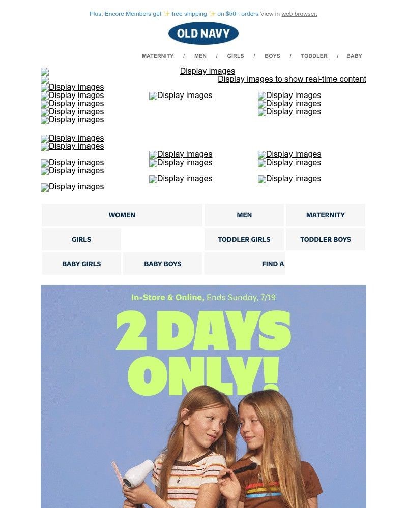 Screenshot of email sent to a Old Navy Newsletter subscriber