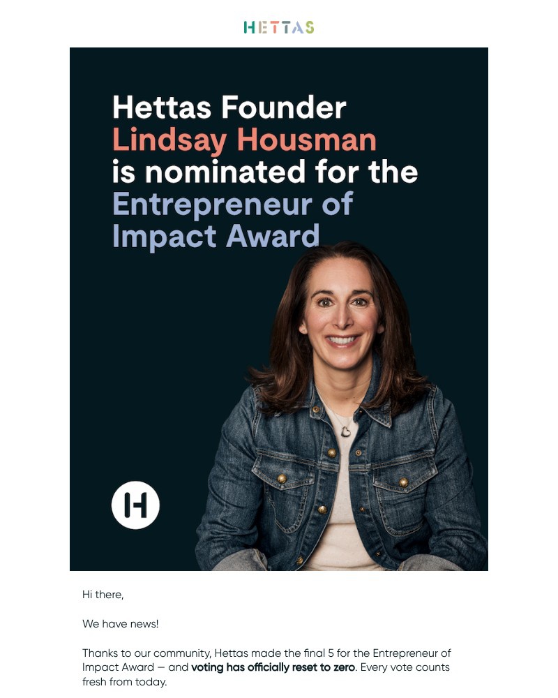 Screenshot of email sent to a Hettas Newsletter subscriber