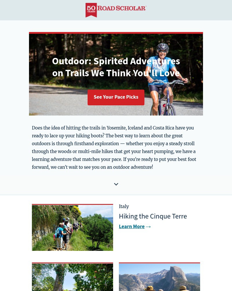 Screenshot of email sent to a Road Scholar Newsletter subscriber