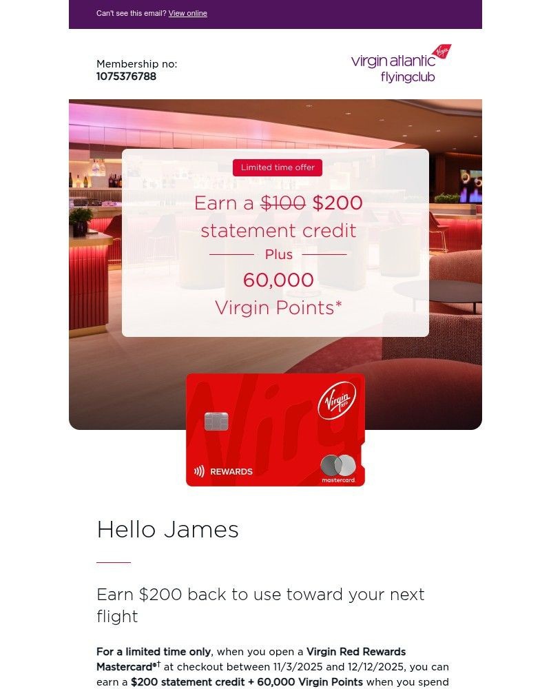 Screenshot of email sent to a Virgin Atlantic Registered user