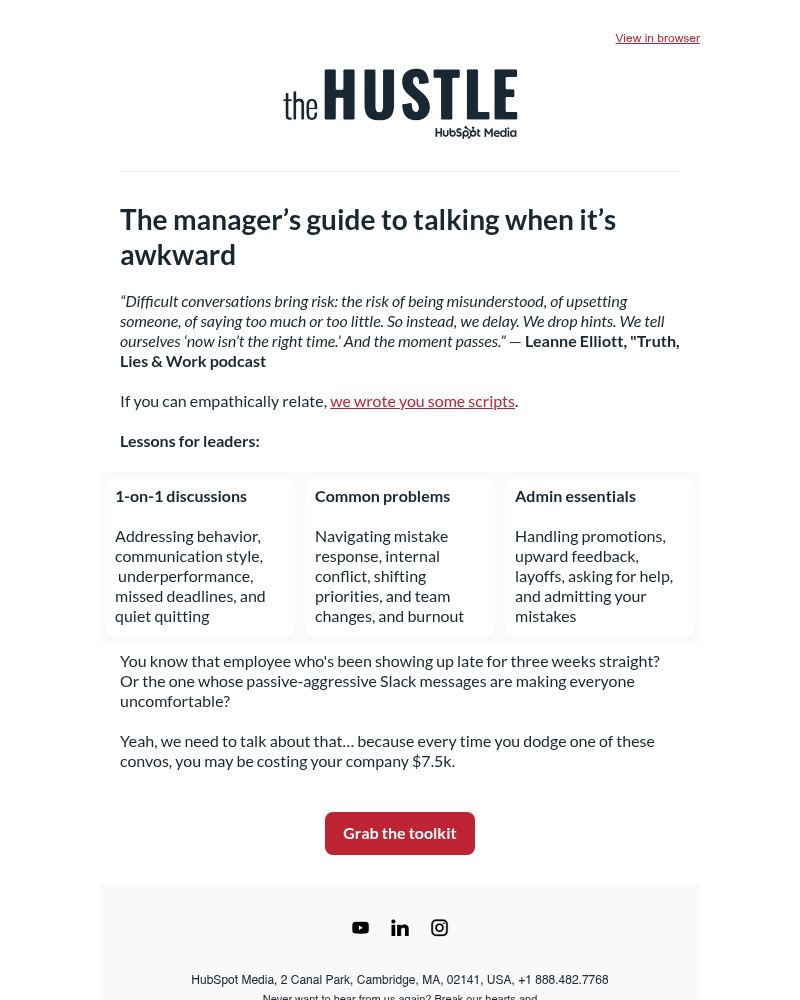 Screenshot of email sent to a The Hustle Newsletter subscriber