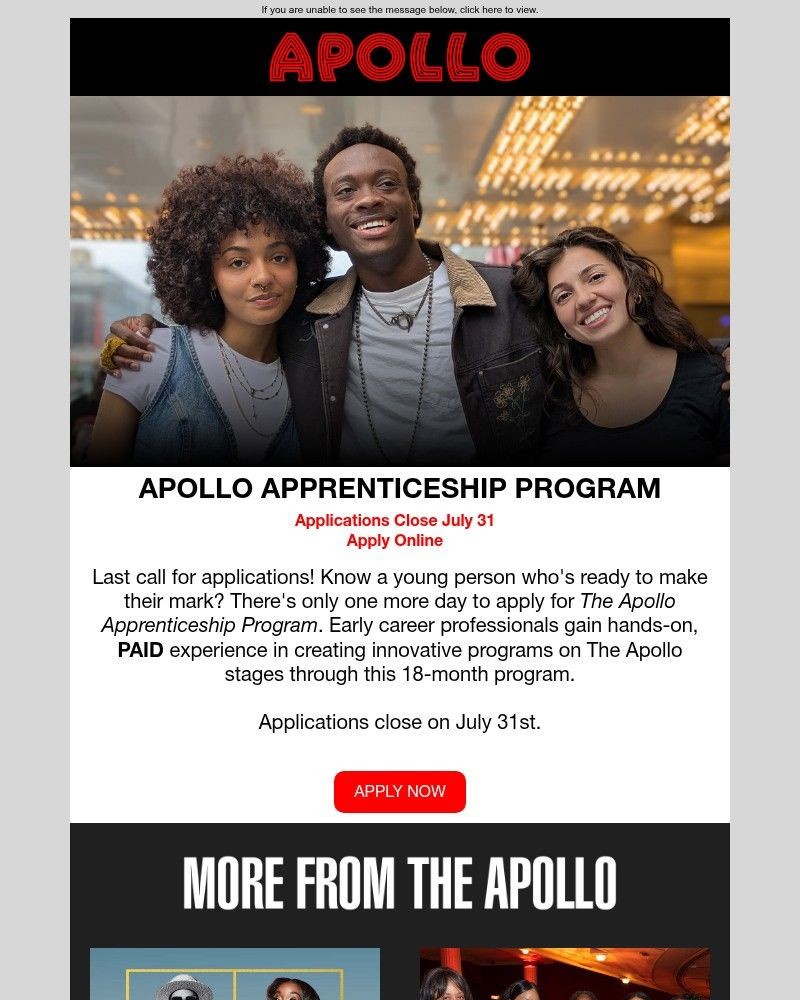 Screenshot of email sent to a Apollo Theater Newsletter subscriber