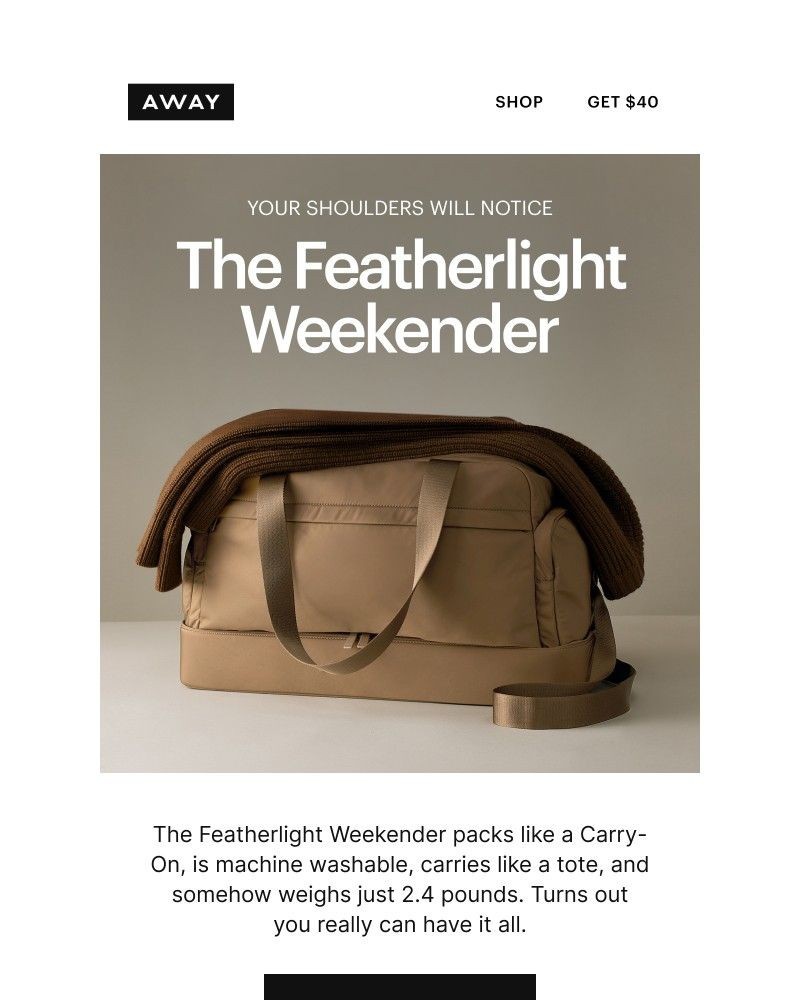Screenshot of email sent to a Away Newsletter subscriber