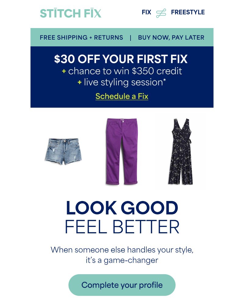 Screenshot of email sent to a Stitch Fix Cart abandoner