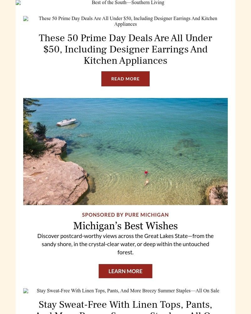 Screenshot of email sent to a Southern Living Newsletter subscriber