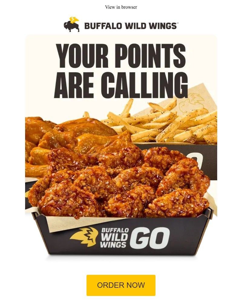 Screenshot of email sent to a Buffalo Wild Wings Registered user