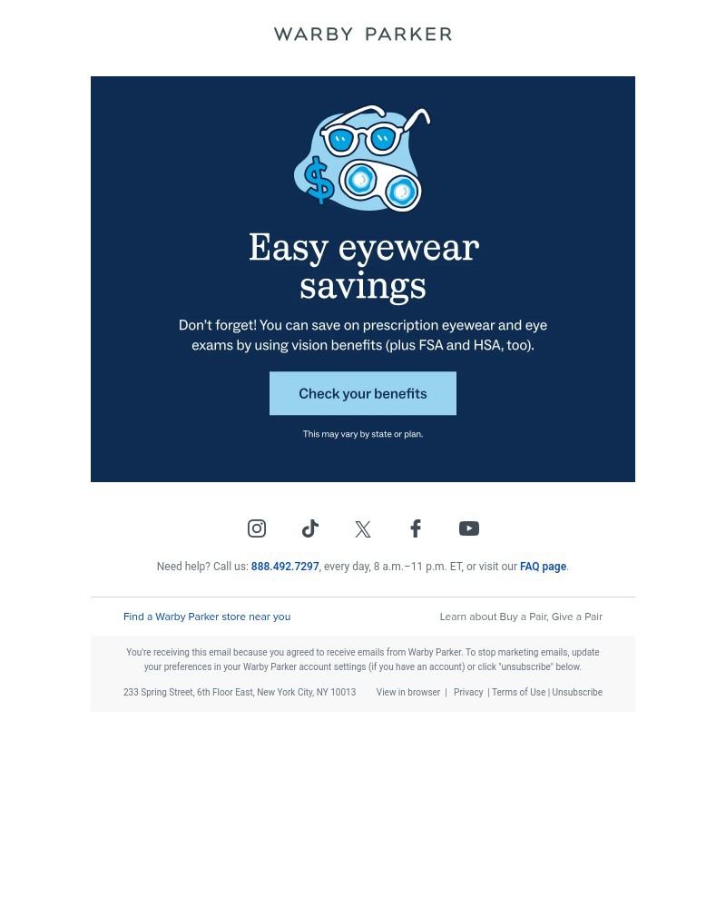 Screenshot of email sent to a Warby Parker Newsletter subscriber