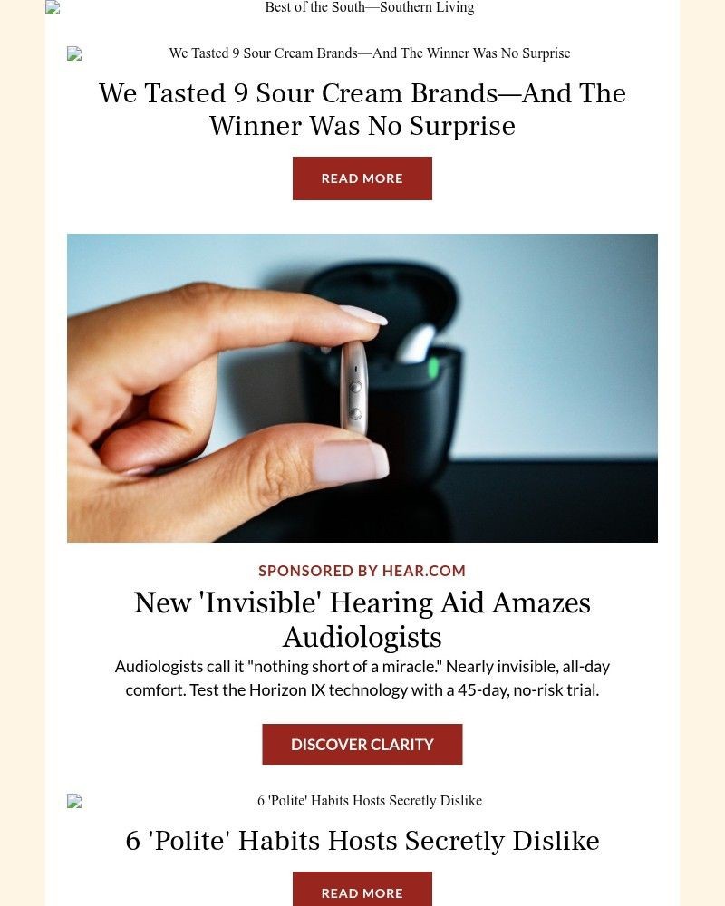 Screenshot of email sent to a Southern Living Newsletter subscriber