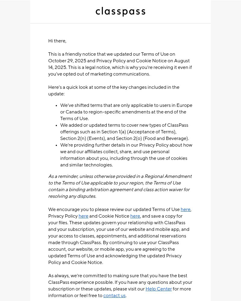 Screenshot of email sent to a ClassPass Registered user
