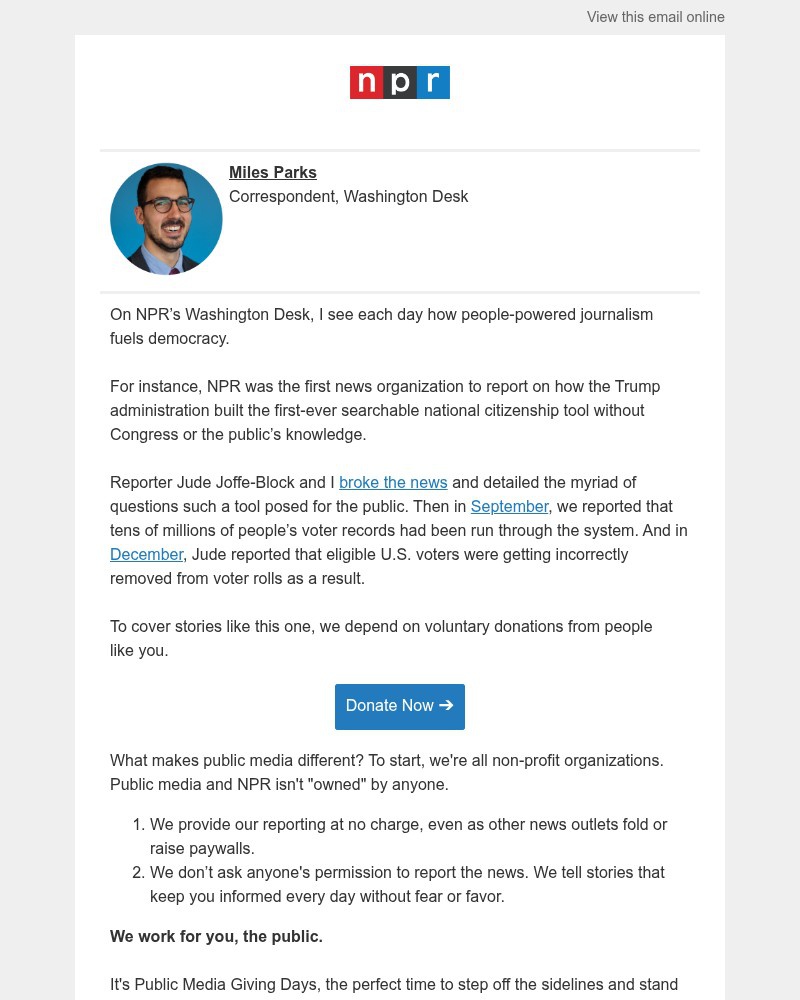 Screenshot of email sent to a NPR Newsletter subscriber