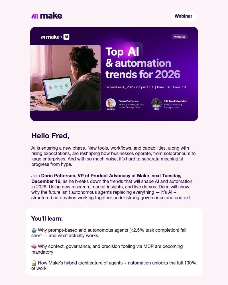 Screenshot of email sent to a Make Trial user