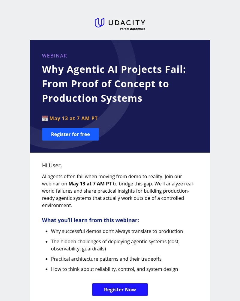 Screenshot of email sent to a Udacity Registered user