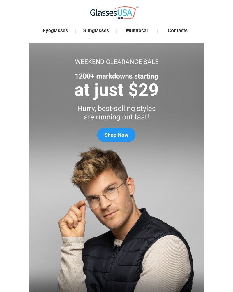Screenshot of email with subject /media/emails/weekend-clearance-sale-glasses-starting-from-just-29-48e133-cropped-df54968b.jpg