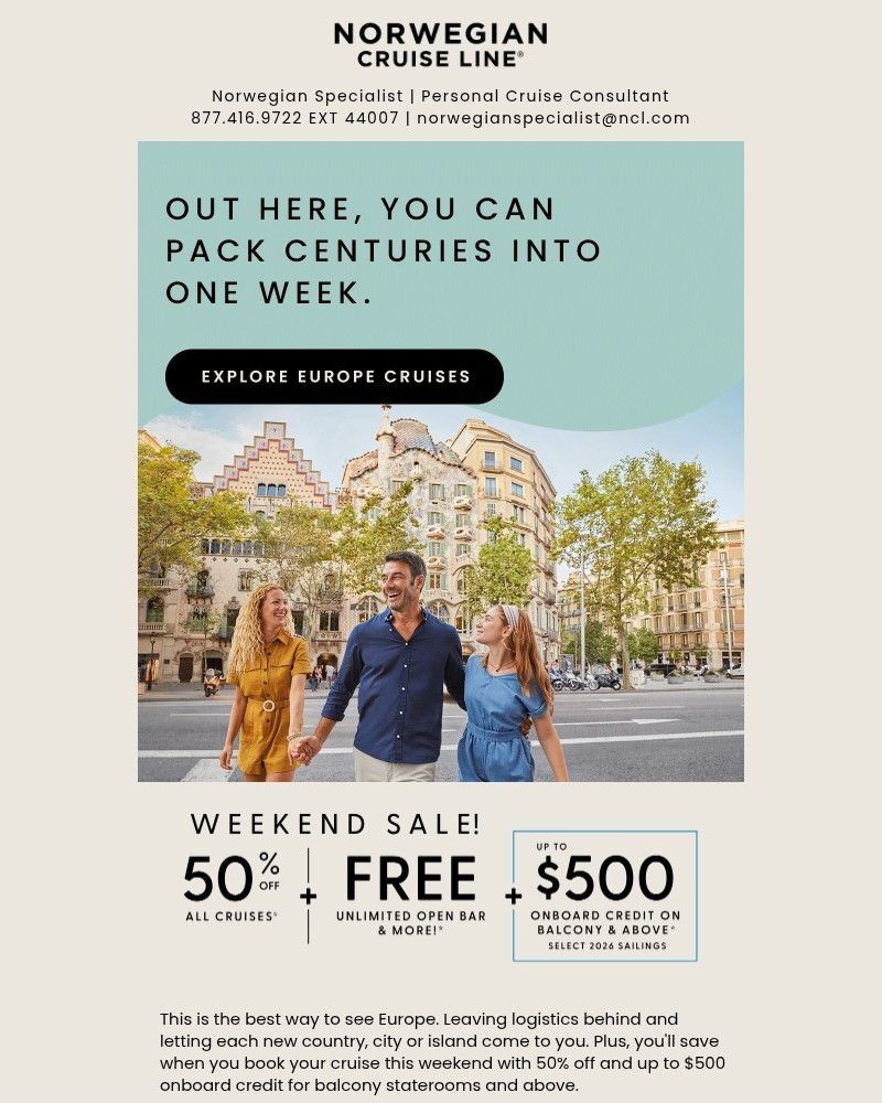 Screenshot of email sent to a Norwegian Cruise Line Newsletter subscriber