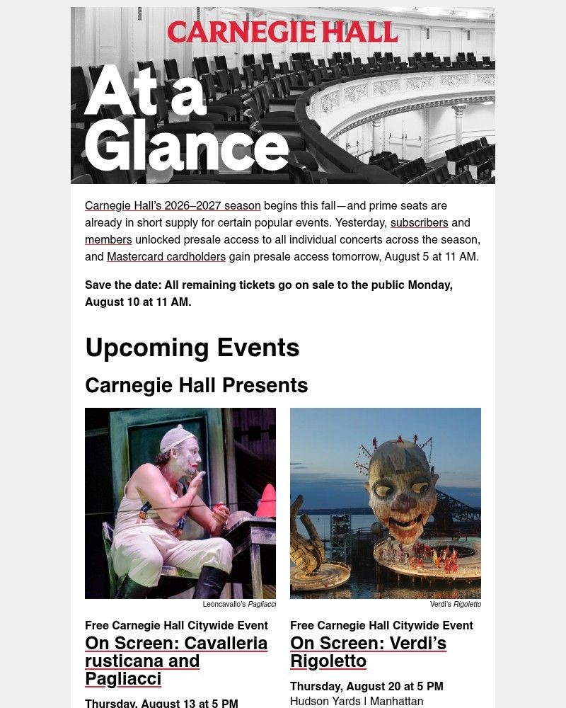 Screenshot of email sent to a Carnegie Hall Newsletter subscriber