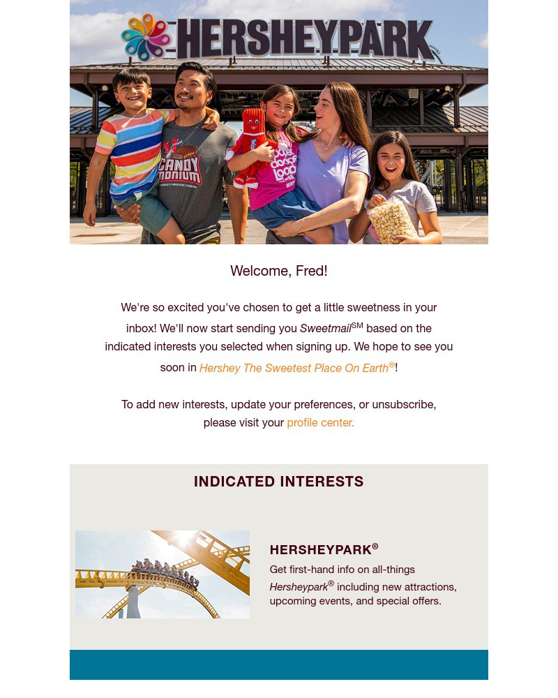 Screenshot of email sent to a Hershey Park Newsletter subscriber