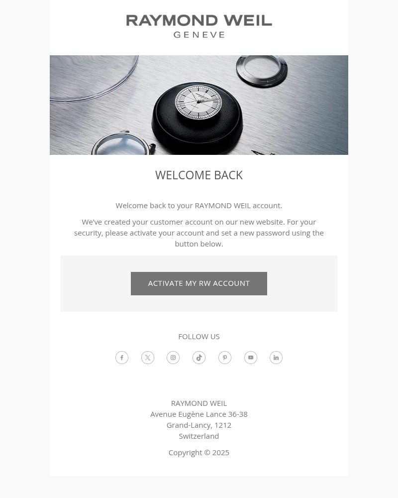 Screenshot of email sent to a Raymond Weil Registered user