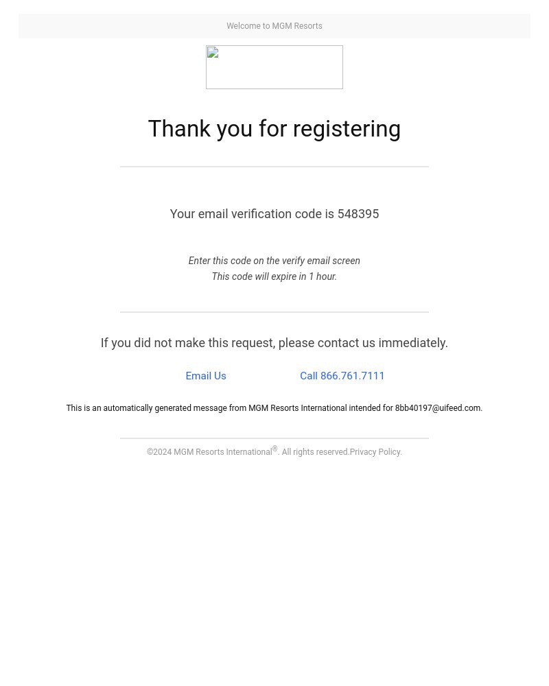 Screenshot of email sent to a MGM Resorts Registered user