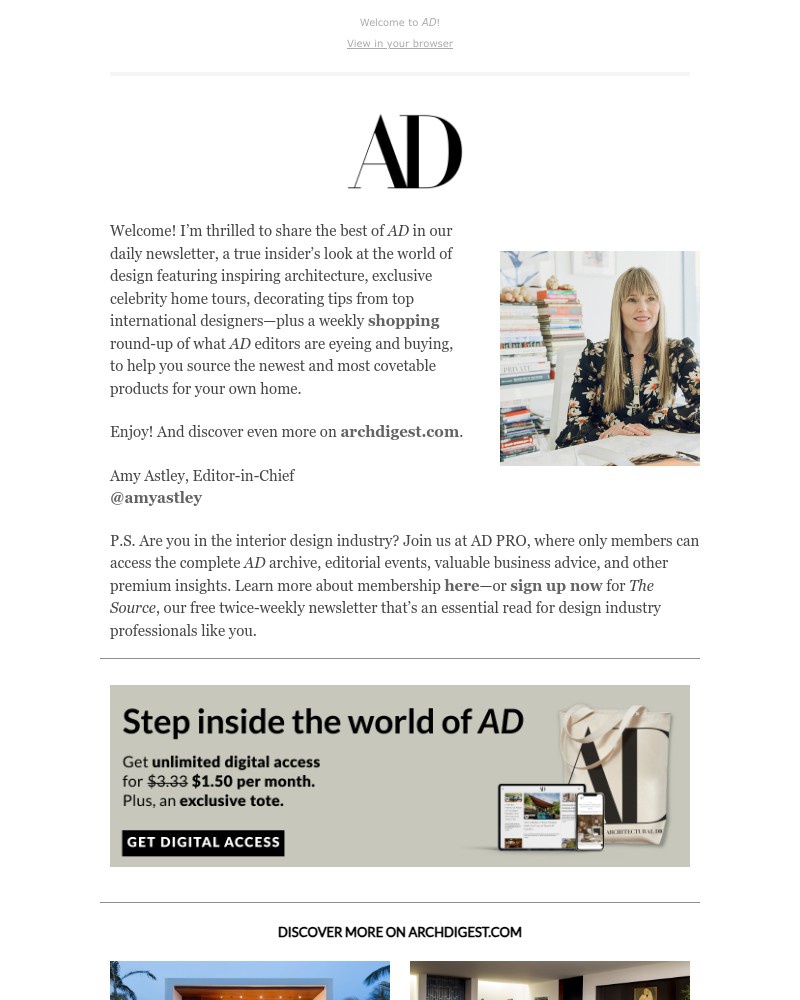 Screenshot of email sent to a Architectural Digest Newsletter subscriber