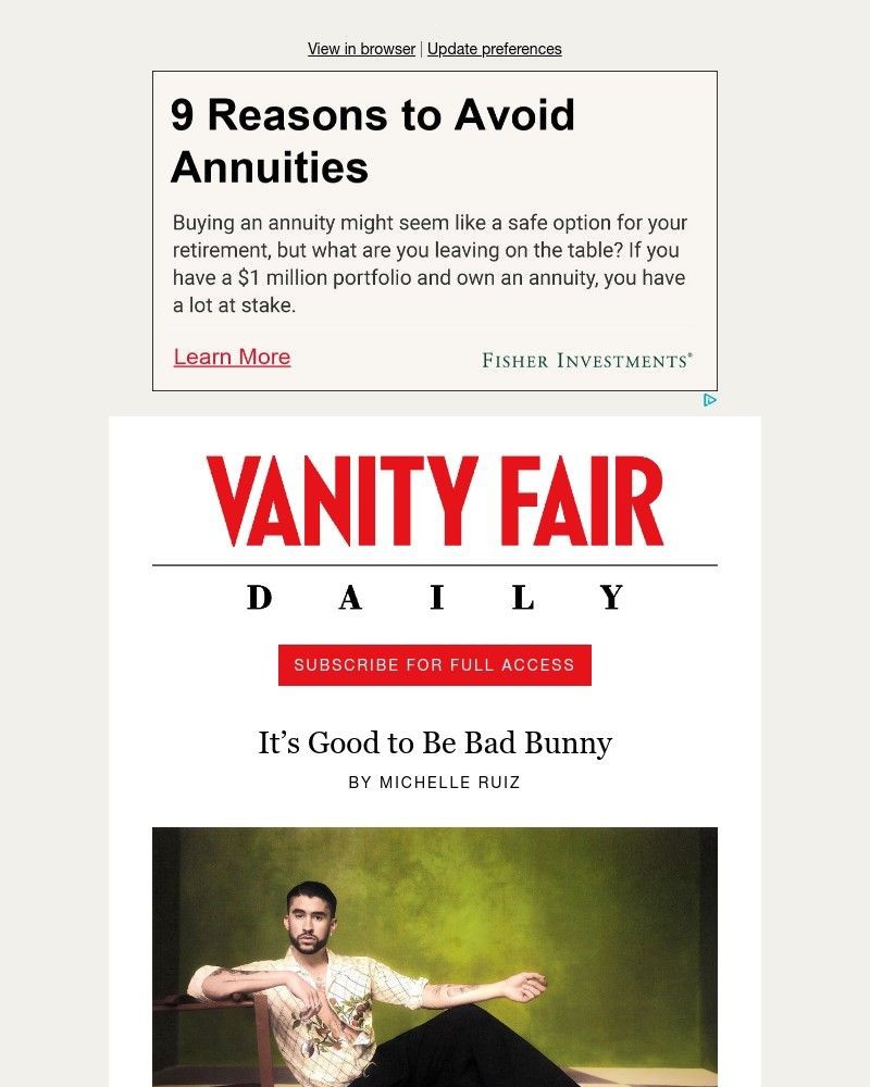 Screenshot of email sent to a Vanity Fair Newsletter subscriber