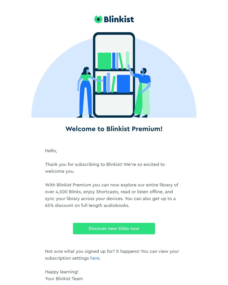 Screenshot of email sent to a Blinkist Registered user