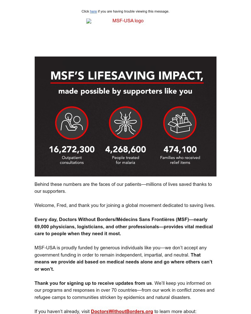 Screenshot of email sent to a Doctors Without Borders Newsletter subscriber