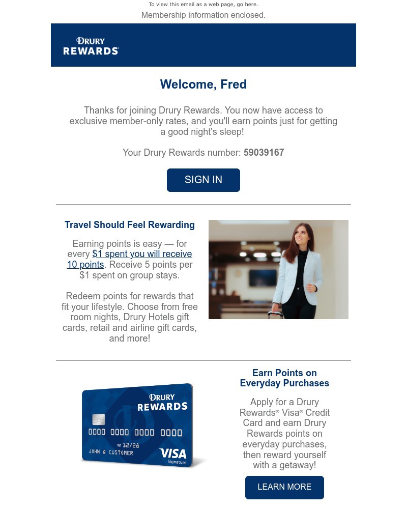 Screenshot of email sent to a Drury Hotels Registered user
