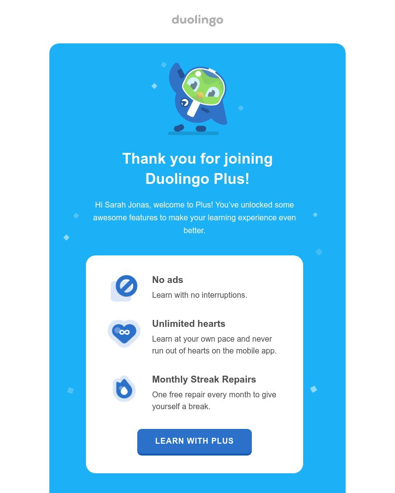 Screenshot of email sent to a Duolingo Registered user