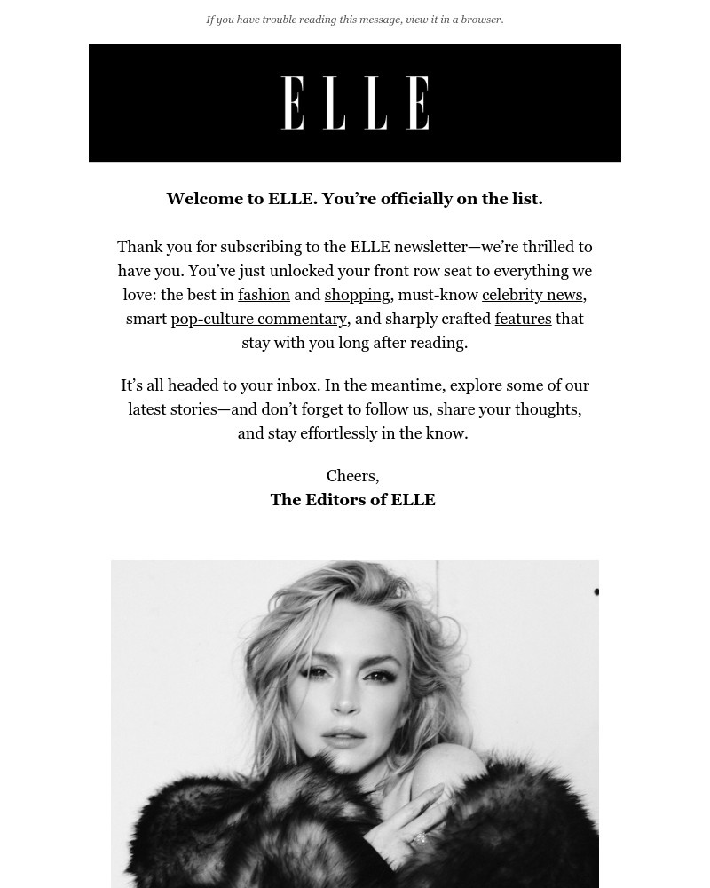 Screenshot of email sent to a Elle Newsletter subscriber